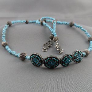 Turquoise Necklace with Silver Focal Beads and Silver Claps 26"